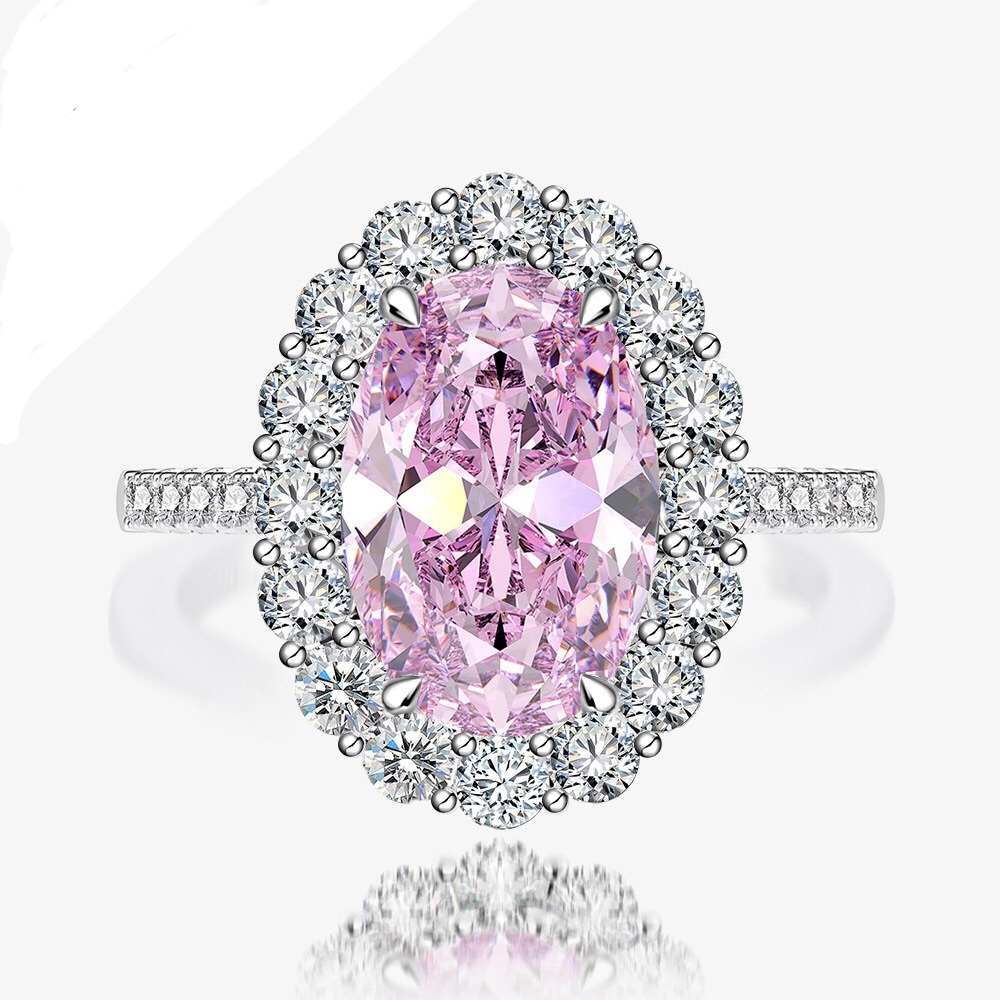 New Purple 5.6-carat Egg Shape 8*12mm High Carbon Diamond Candy Pink silver Ring